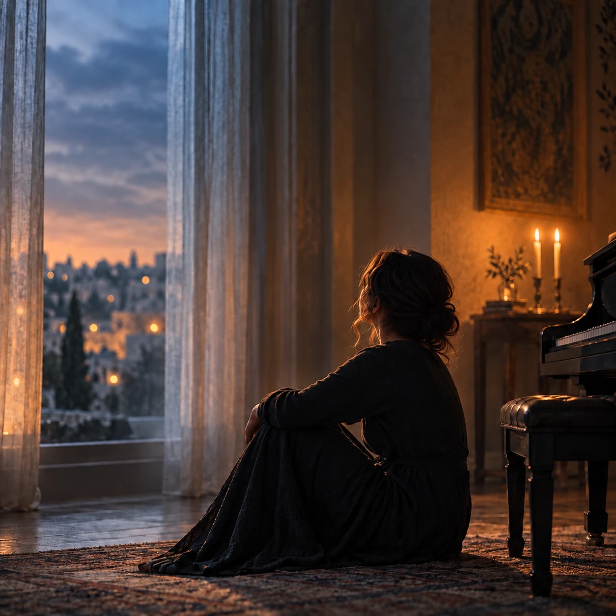 A woman sitting beside a piano, looking toward a twilight cityscape through a window, illuminated by candlelight